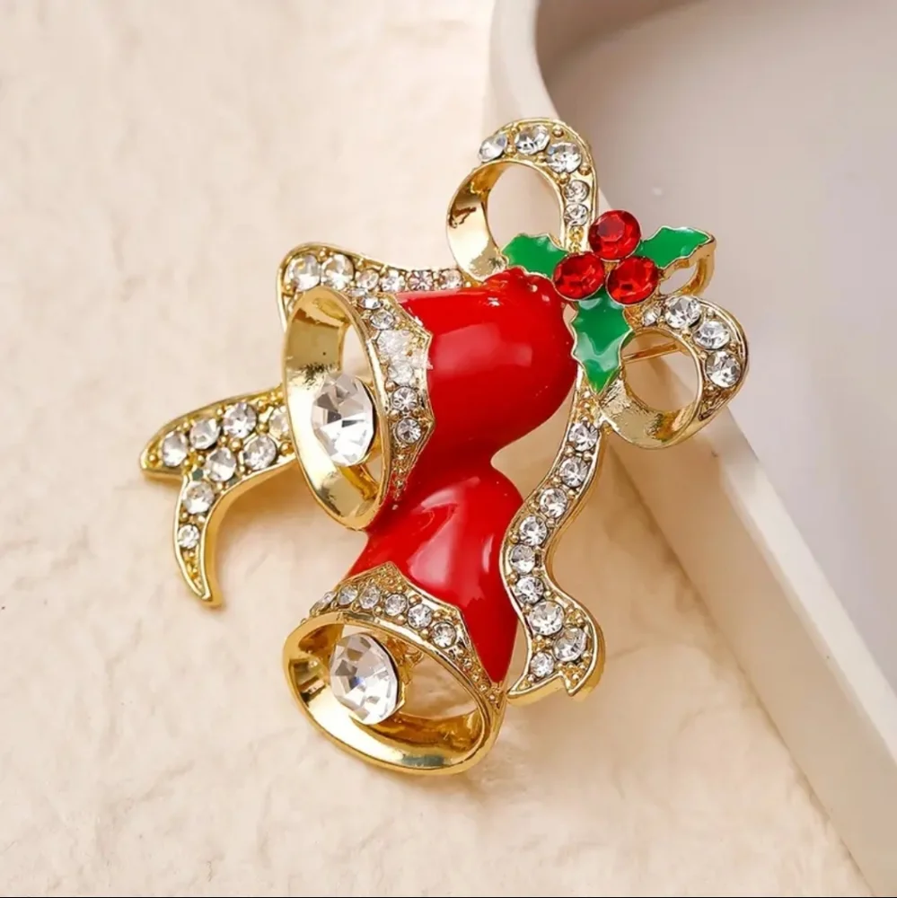Christmas Bell Brooch Festive Pin With Rhinestones